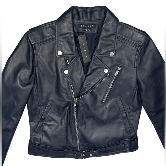 NWT Theory Speed Leather Jacket Dark Navy Blue Asymmetrical Zip Style Sahral - Picture 10 of 16